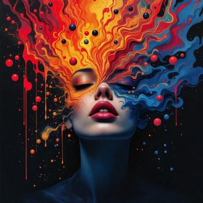 The primary subject of the image is a woman with a vibrant and colorful head. The setting is a black background, which contrasts with the woman's face and adds a dramatic effect to the image. The visual style is a combination of digital art and illustration, creating a unique and eye-catching portrait. The colors and mood of the image are lively and energetic, with the woman's face being the main focus and the background providing a striking contrast.